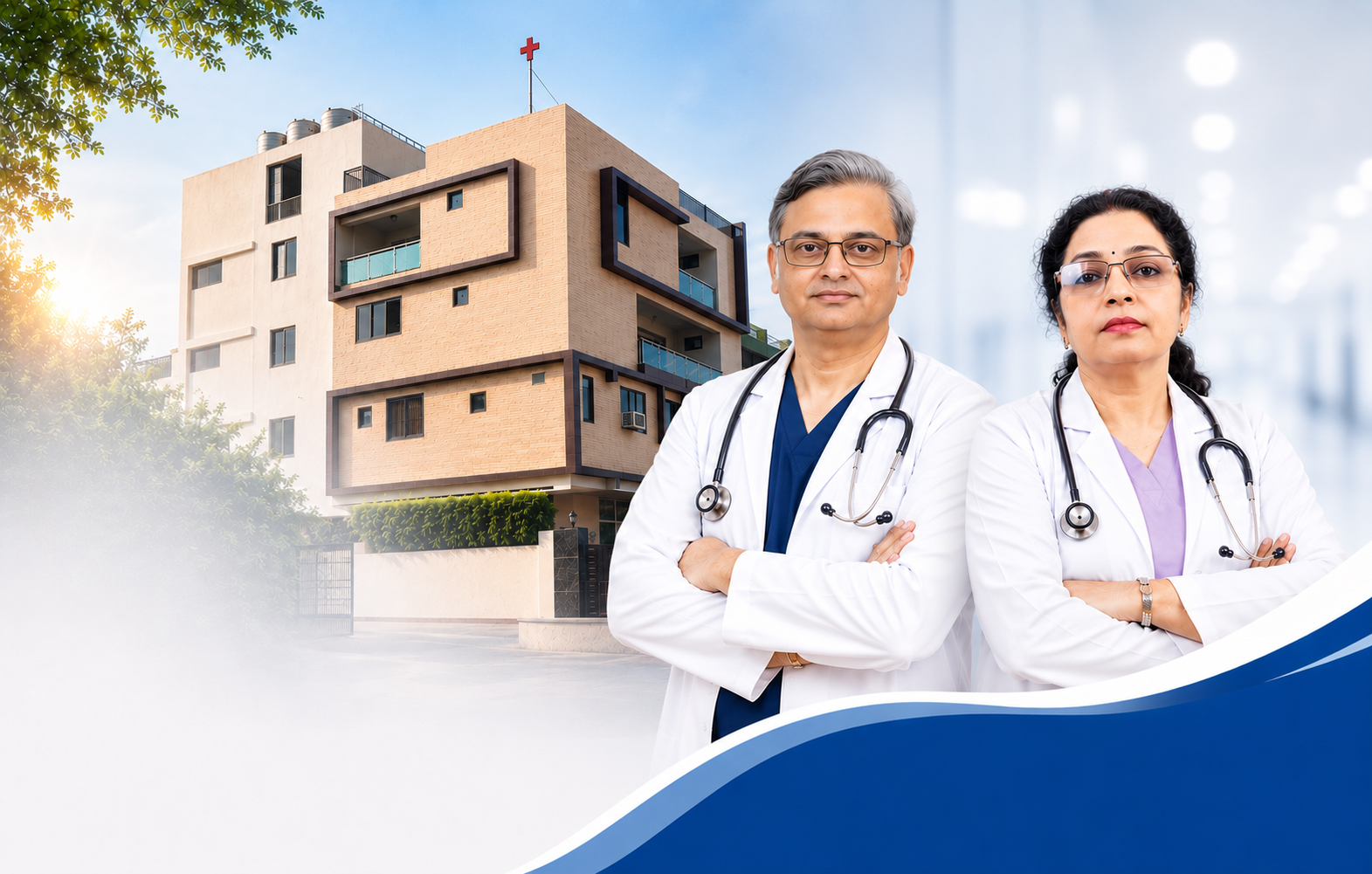 Dharohar Hospital building with doctors team